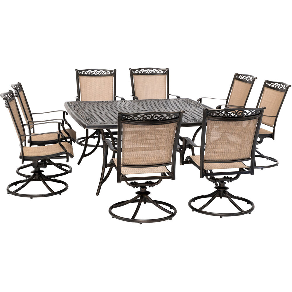 Hanover FNTDN9PCSWSQC Fontana9pc: 8 Sling Swivel Rockers and 60" Square Cast Table