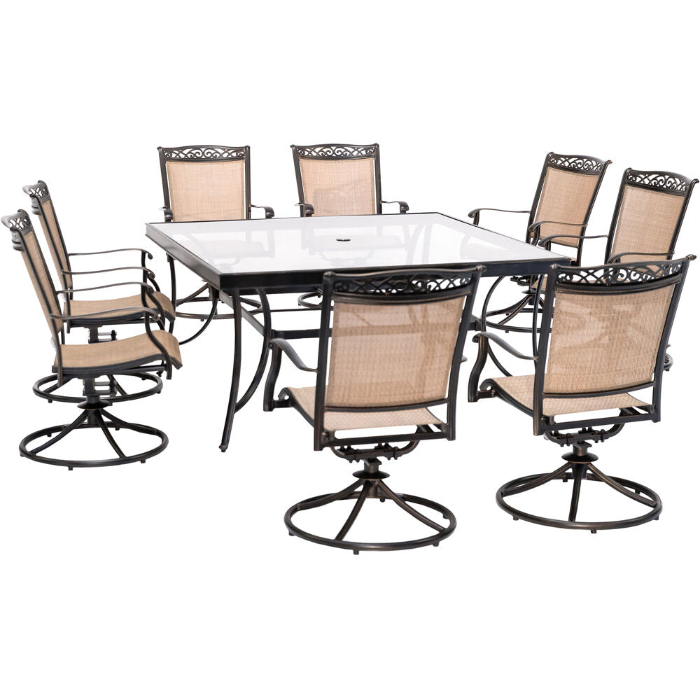 Hanover FNTDN9PCSWSQG Fontana9pc: 8 Sling Swivel Rockers, 60" Square Glass Top Table