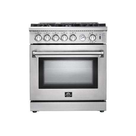 Forno 3-Piece Appliance Package - 30-Inch Gas Range, Pro-Style Refrigerator, and Wall Mount Hood in Stainless Steel