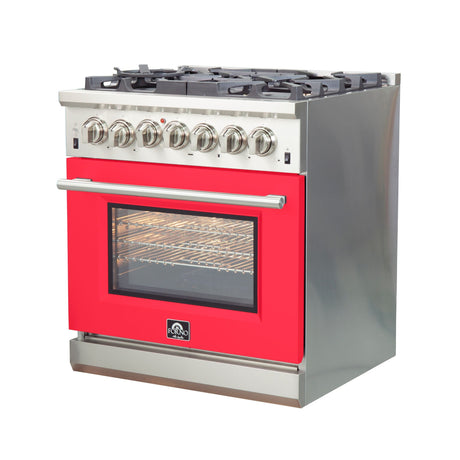 Forno 30-Inch Capriasca Dual Fuel Range with 5 Gas Burners and 240v Electric Oven in Stainless Steel with Red Door (FFSGS6187-30RED)