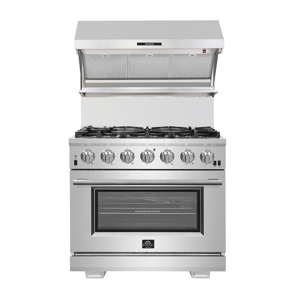 Forno 5-Piece Appliance Package - 36-Inch Electric Range, Wall Mount Range Hood with Backsplash, French Door Refrigerator, Dishwasher, and Microwave Oven in Stainless Steel