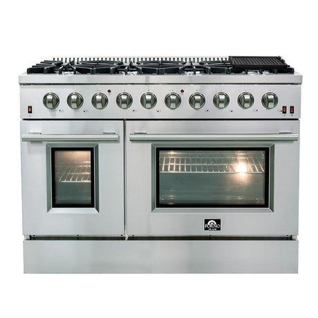 Forno 4-Piece Appliance Package - 48-Inch Gas Range, Refrigerator, Microwave Drawer, & 3-Rack Dishwasher in Stainless Steel
