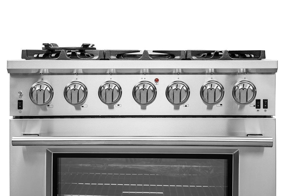 Forno 4-Piece Pro Appliance Package - 36-Inch Gas Range, Refrigerator with Water Dispenser, Microwave Drawer, & 3-Rack Dishwasher in Stainless Steel