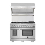 Forno 3-Piece Pro Appliance Package - 48-Inch Dual Fuel Range, Refrigerator with Water Dispenser,& Wall Mount Hood with Backsplash in Stainless Steel