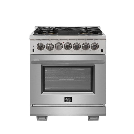 Forno 5-Piece Pro Appliance Package - 30-Inch Dual Fuel Range, Refrigerator, Wall Mount Hood with Backsplash, Microwave Oven, & 3-Rack Dishwasher in Stainless Steel