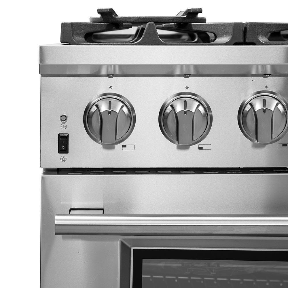 Forno 4-Piece Pro Appliance Package - 36-Inch Dual Fuel Range, 56-Inch Pro-Style Refrigerator, Wall Mount Hood, & 3-Rack Dishwasher in Stainless Steel