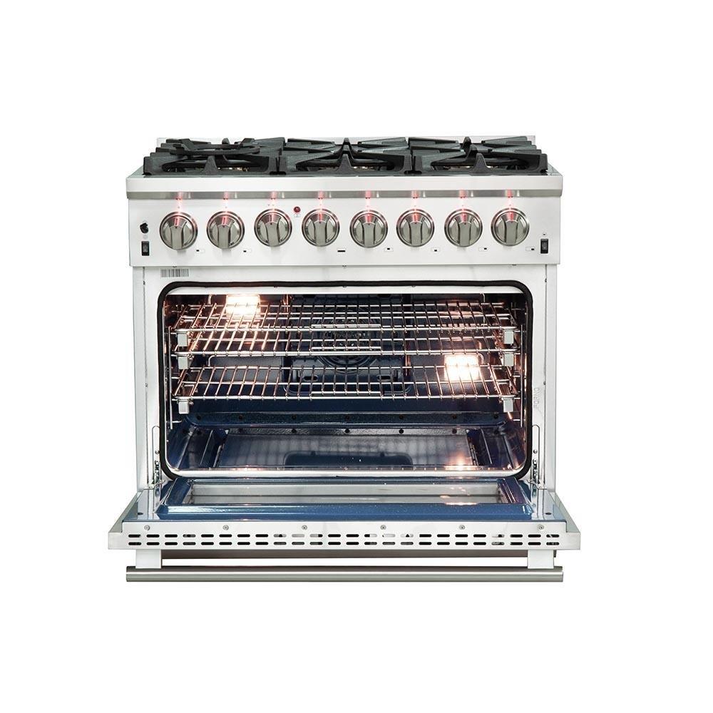 Forno 2-Piece Pro Appliance Package - 36-Inch Dual Fuel Range & Wall Mount Hood in Stainless Steel