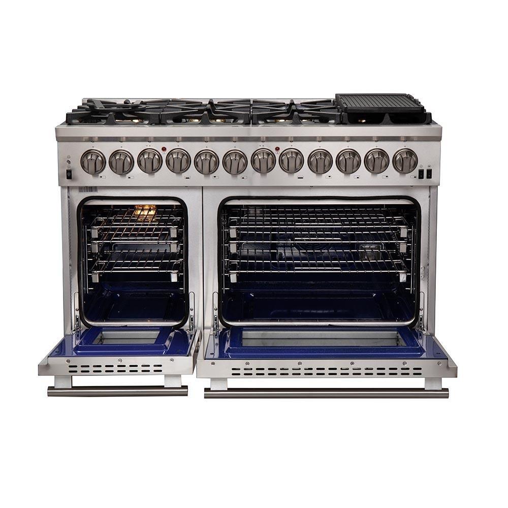 Forno 2-Piece Pro Appliance Package - 48-Inch Dual Fuel Range & Wall Mount Hood with Backsplash in Stainless Steel