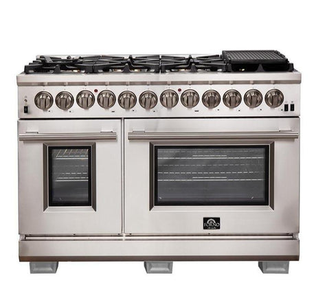 Forno 2-Piece Pro Appliance Package - 48-Inch Dual Fuel Range & Wall Mount Hood with Backsplash in Stainless Steel