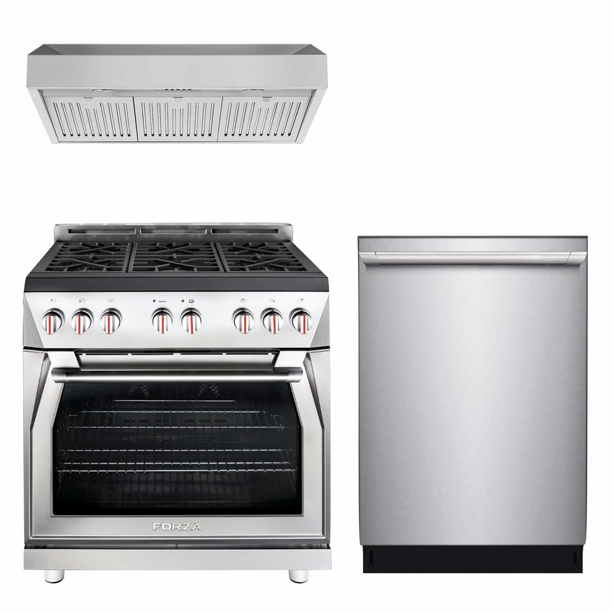 Forza 3-Piece Appliance Package - 36-Inch Gas Range, 11-Inch Tall Premium Range Hood, & 24-Inch Dishwasher in Stainless Steel