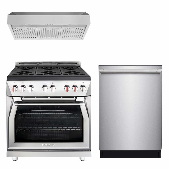 Forza 3-Piece Appliance Package - 36-Inch Gas Range, 11-Inch Tall Premium Range Hood, & 24-Inch Dishwasher in Stainless Steel