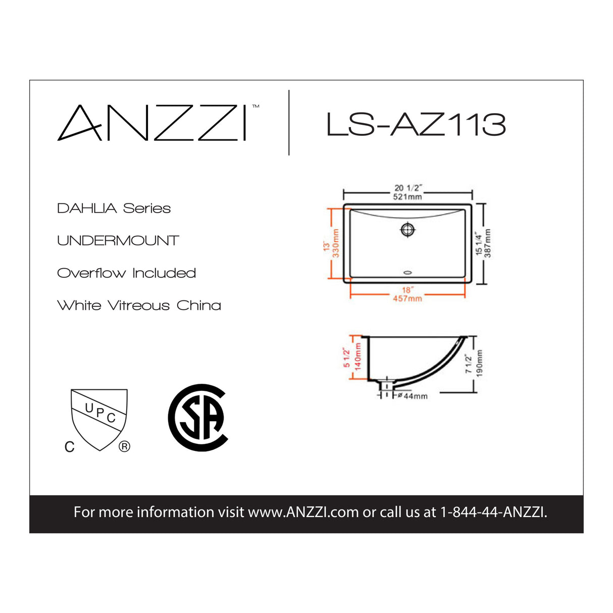 ANZZI LS-AZ113 Dahlia Series 20.5 in. Ceramic Undermount Sink Basin in White