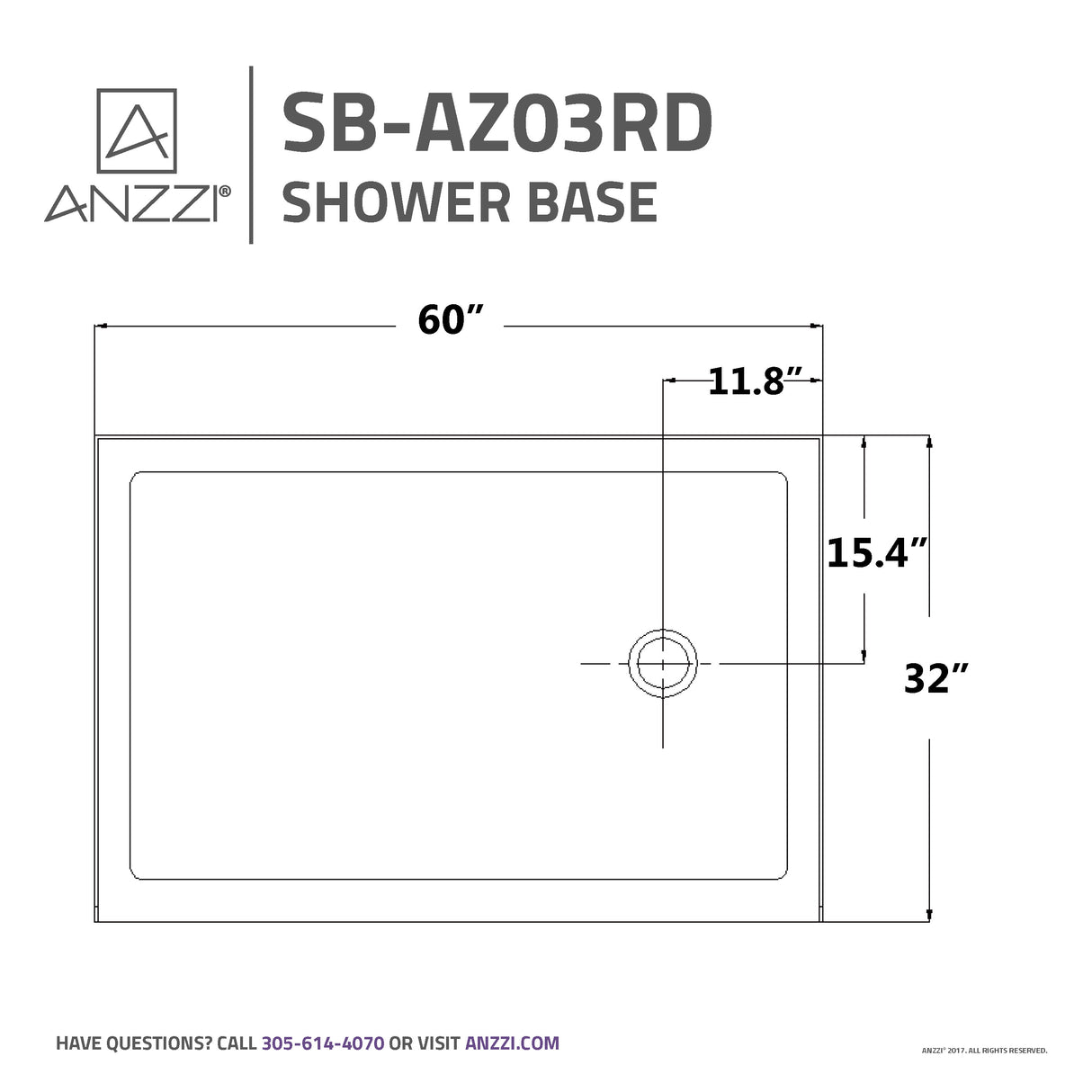 ANZZI SB-AZ03RD Tier 32 x 60  in. Right Drain Single Threshold Shower Base in White