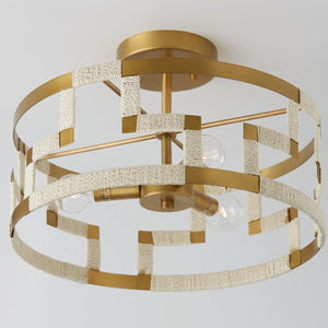 Capital Lighting 241031NL Hala 3 Light Semi-Flush Bleached Natural Jute and Patinaed Brass