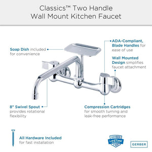 Gerber G0042691 Chrome Classics Two Handle Wall Mount Kitchen Faucet W/ 8" S...