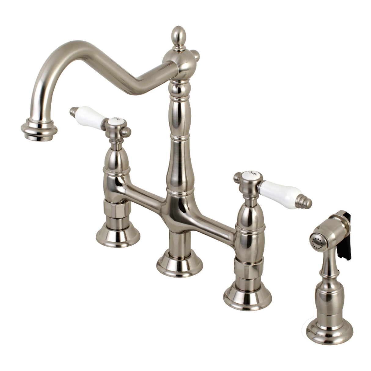 Kingston Brass KS1278BPLBS Bel-Air Bridge Kitchen Faucet with Brass Sprayer, Brushed Nickel