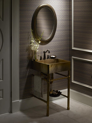 Thompson Traders Palmer Vanity Zacatecas PV-3420ASG Sink: Satin Brass (Hammered)
Vanity: Brass with Glass Shelf