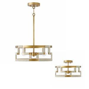 Capital Lighting 241031NL Hala 3 Light Semi-Flush Bleached Natural Jute and Patinaed Brass