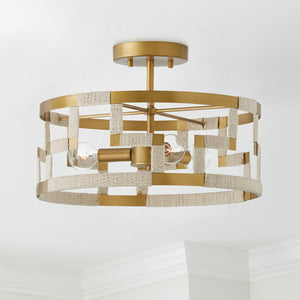 Capital Lighting 241031NL Hala 3 Light Semi-Flush Bleached Natural Jute and Patinaed Brass