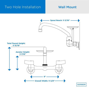 Gerber G0042691 Chrome Classics Two Handle Wall Mount Kitchen Faucet W/ 8" S...