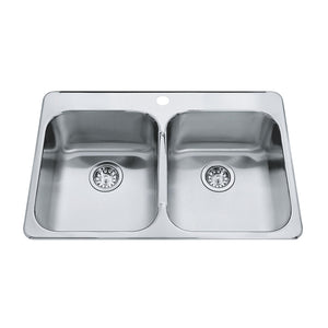 KINDRED QDL2031-7-1N Steel Queen 31.25-in LR x 20.5-in FB x 7-in DP Drop In Double Bowl 1-Hole Stainless Steel Kitchen Sink In Satin Finished Bowls with Mirror Finished Rim
