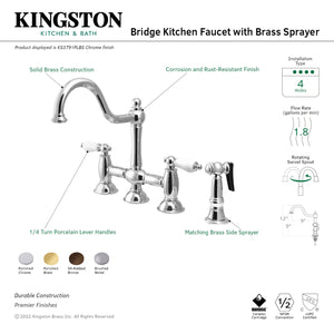 Kingston Brass KS3791PLBS Restoration Bridge Kitchen Faucet with Brass Sprayer, Polished Chrome