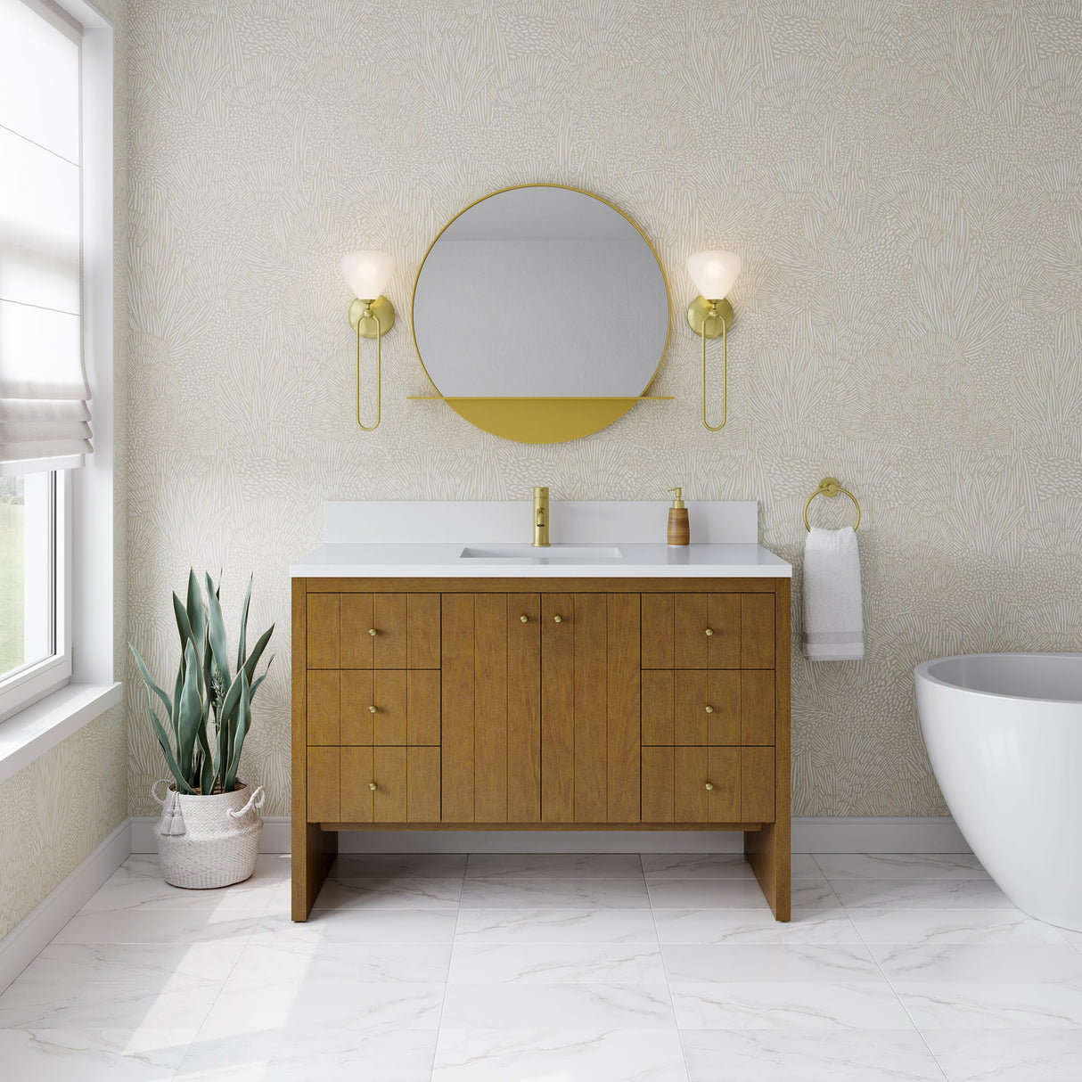 Hudson 48" Single Vanity, Honey Oak w/ Single Hole 3 CM White Zeus Silestone Top and Matching Backsplash