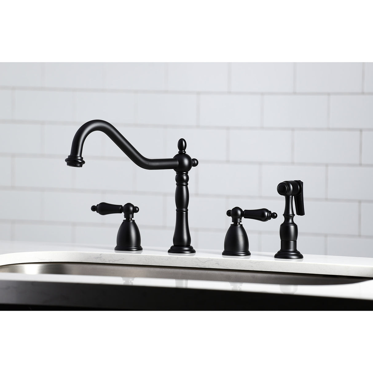 Kingston Brass KB1790ALBS 8-Inch Widespread Kitchen Faucet with Brass Sprayer, Matte Black