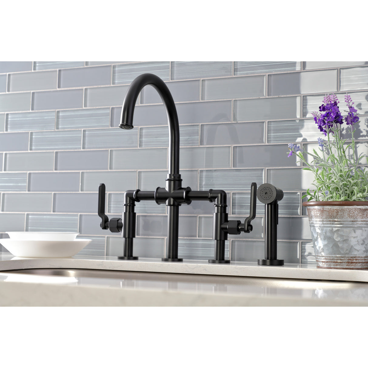 Kingston Brass KS2330KL Whitaker Industrial Style Bridge Kitchen Faucet with Brass Sprayer, Matte Black