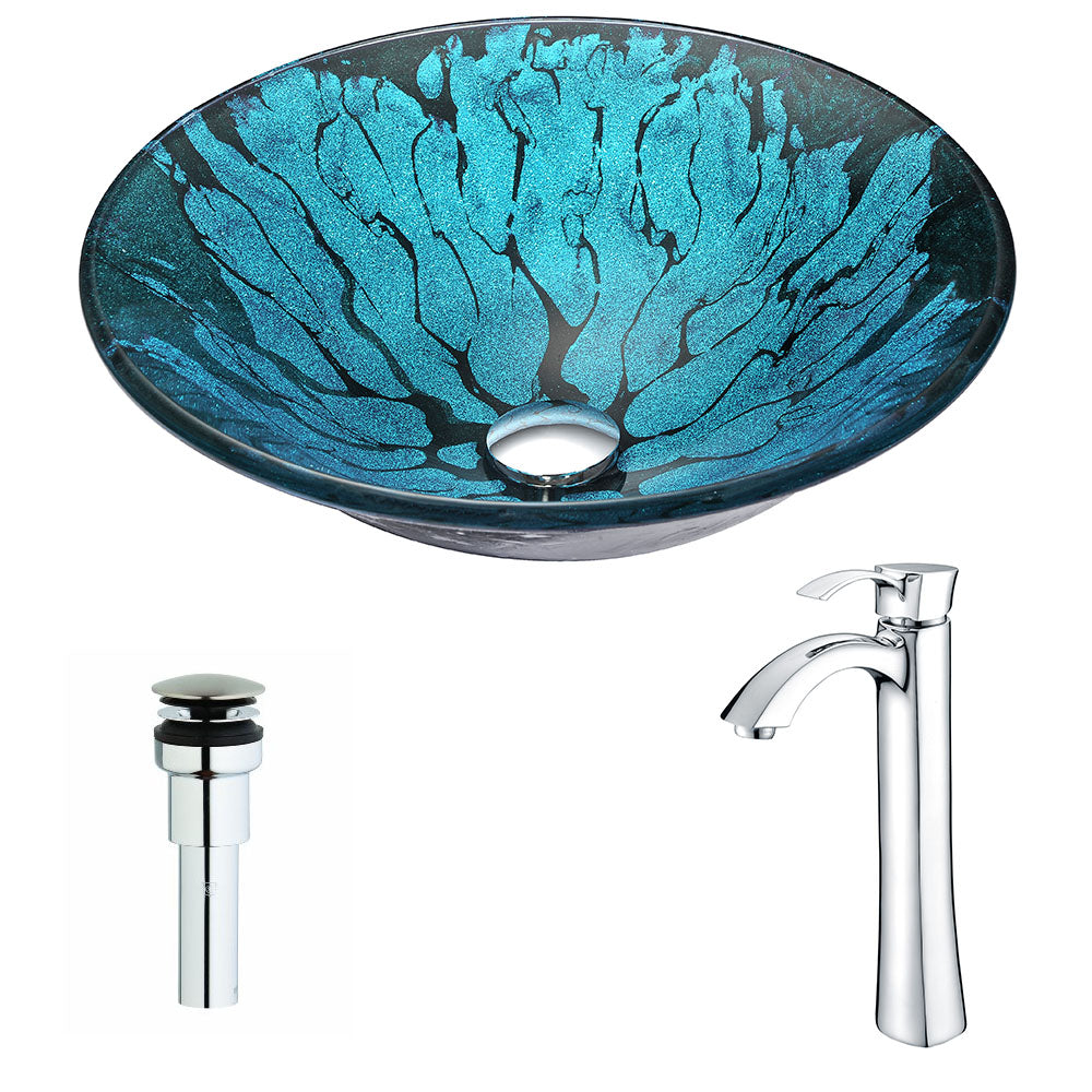 ANZZI LSAZ046-095B Key Series Deco-Glass Vessel Sink in Lustrous Blue and Black with Harmony Faucet in Brushed Nickel