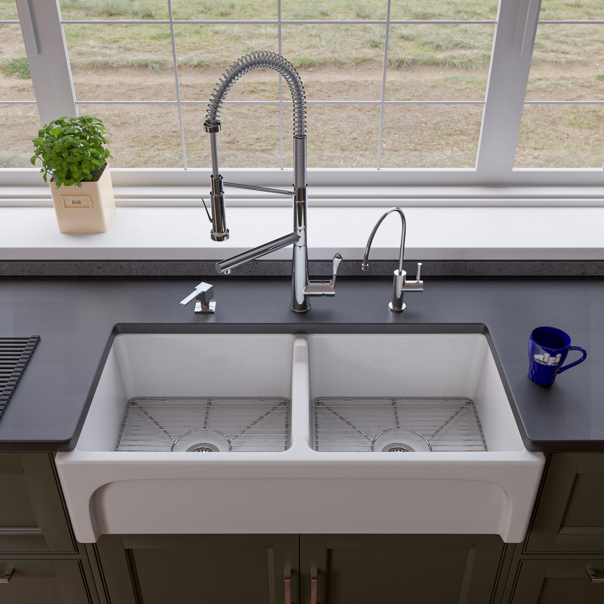 ALFI brand AB3918ARCH-W  39" White Arched Apron Thick Wall Fireclay Double Bowl Farm Sink