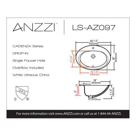 ANZZI LS-AZ097-R Series 20.5 in. Ceramic Drop In Sink Basin in White