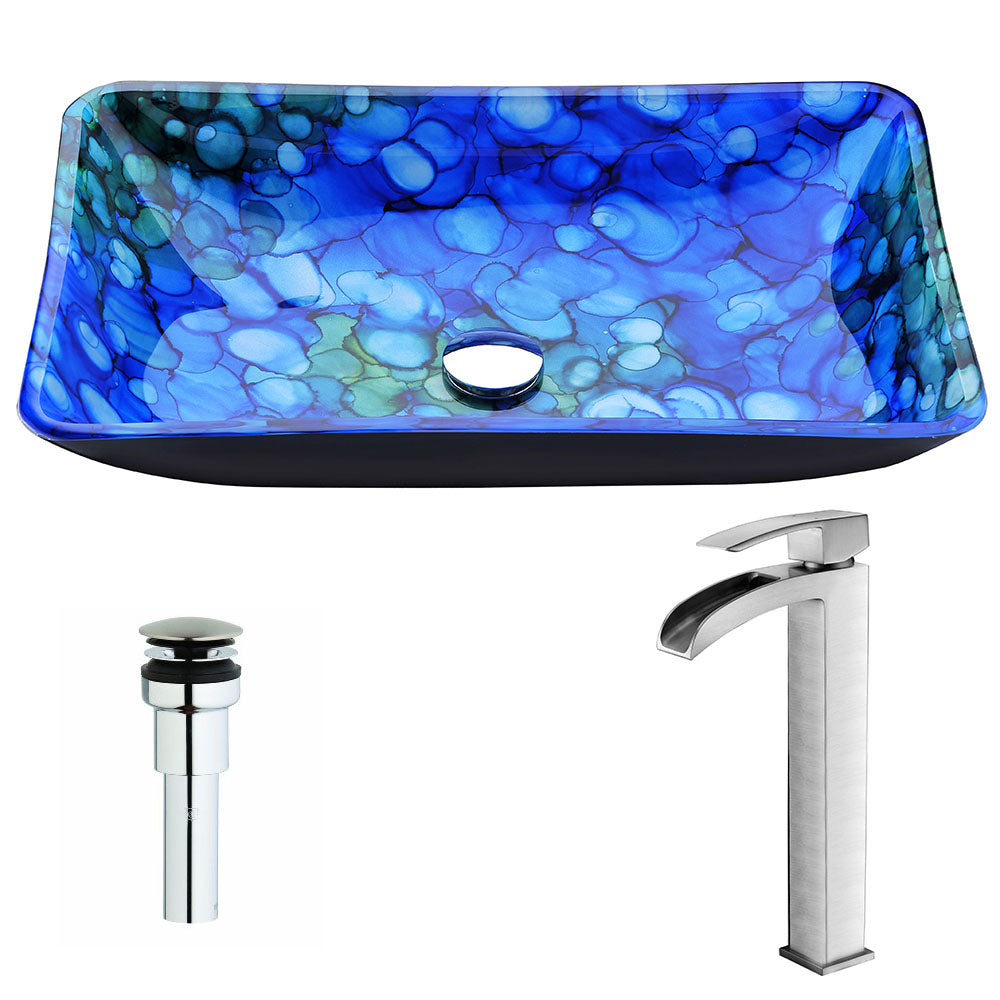 ANZZI LSAZ040-097B Voce Series Deco-Glass Vessel Sink in Lustrous Blue with Key Faucet in Brushed Nickel