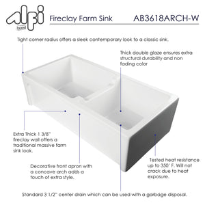 ALFI brand AB3618ARCH-W  36" White Arched Apron Thick Wall Fireclay Double Bowl Farm Sink