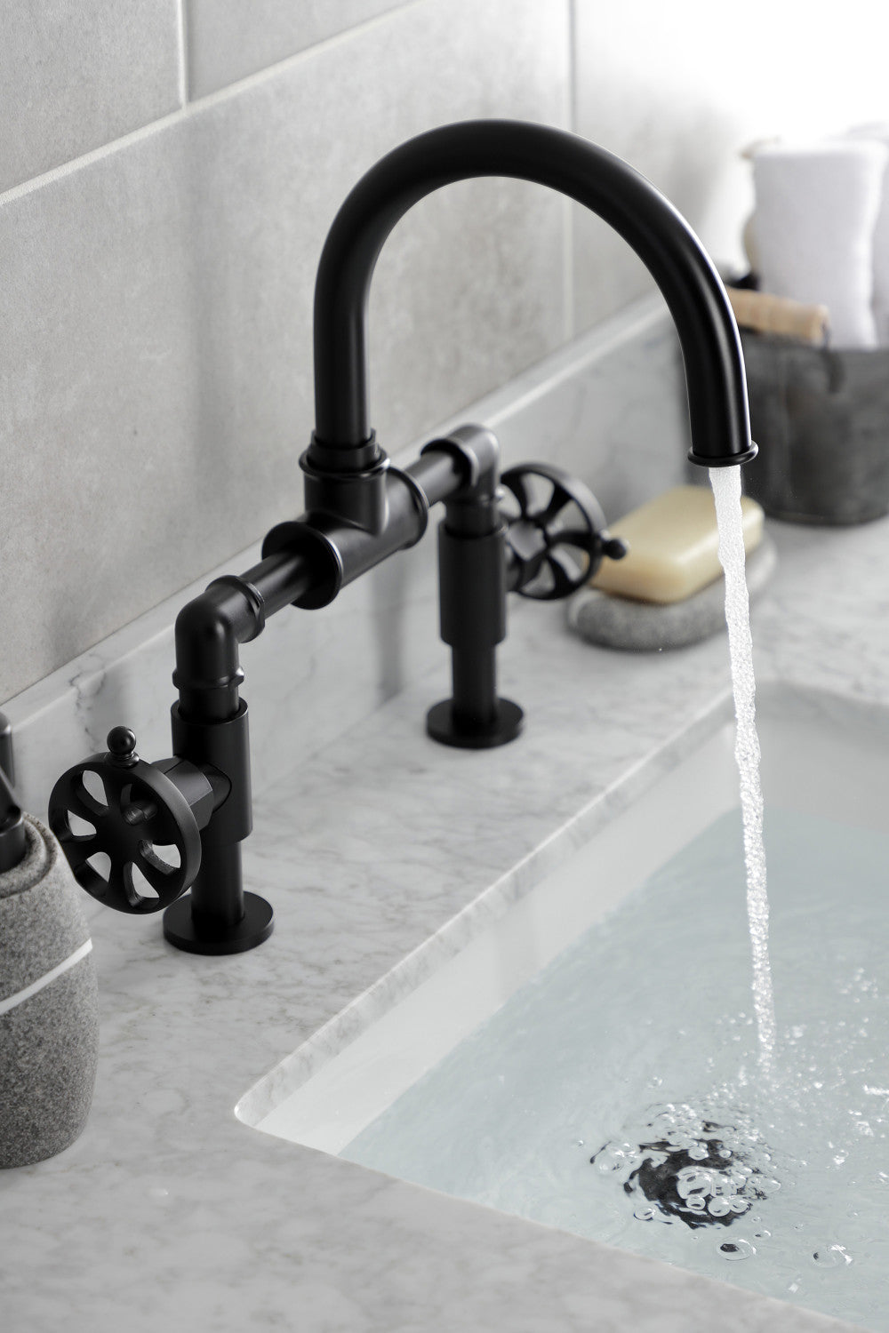 Kingston Brass KS2170RX Belknap Industrial Style Wheel Handle Bridge Bathroom Faucet with Pop-Up Drain, Matte Black