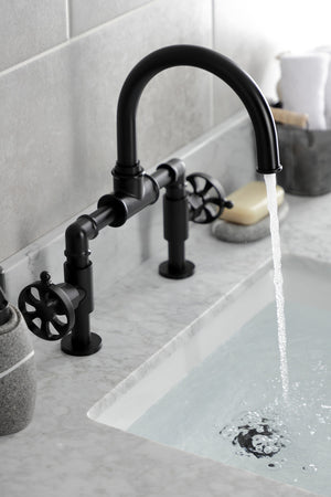 Kingston Brass KS2170RX Belknap Industrial Style Wheel Handle Bridge Bathroom Faucet with Pop-Up Drain, Matte Black