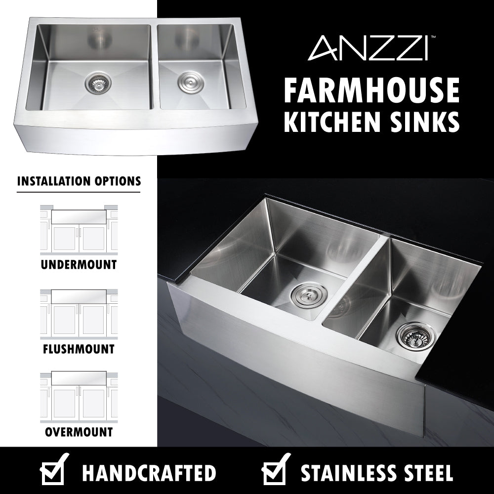 ANZZI K36203A-031B Elysian Farmhouse 36 in. Double Bowl Kitchen Sink with Accent Faucet in Brushed Nickel