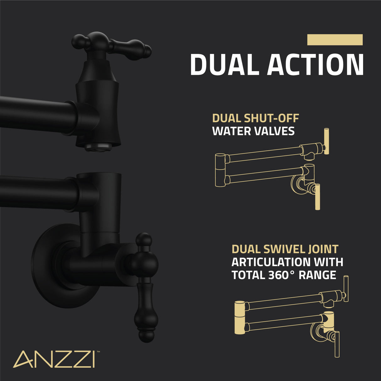 ANZZI KF-AZ259MB Marca 360-Degree 24" Wall Mounted Pot Filler with Dual Swivel in Matte Black