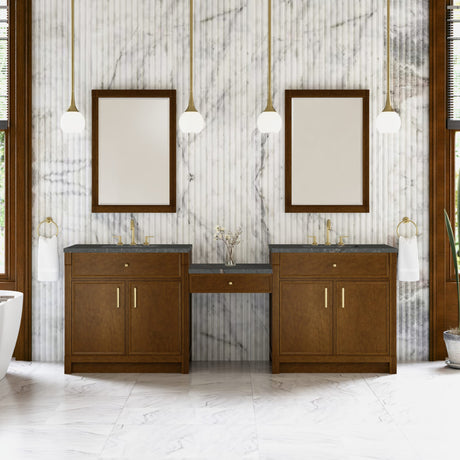 Bellshire 96" Dual Vanity Set with 24" Make-Up Counter, Honey Oak w/3 cm Parisien Bleu Silestone Top