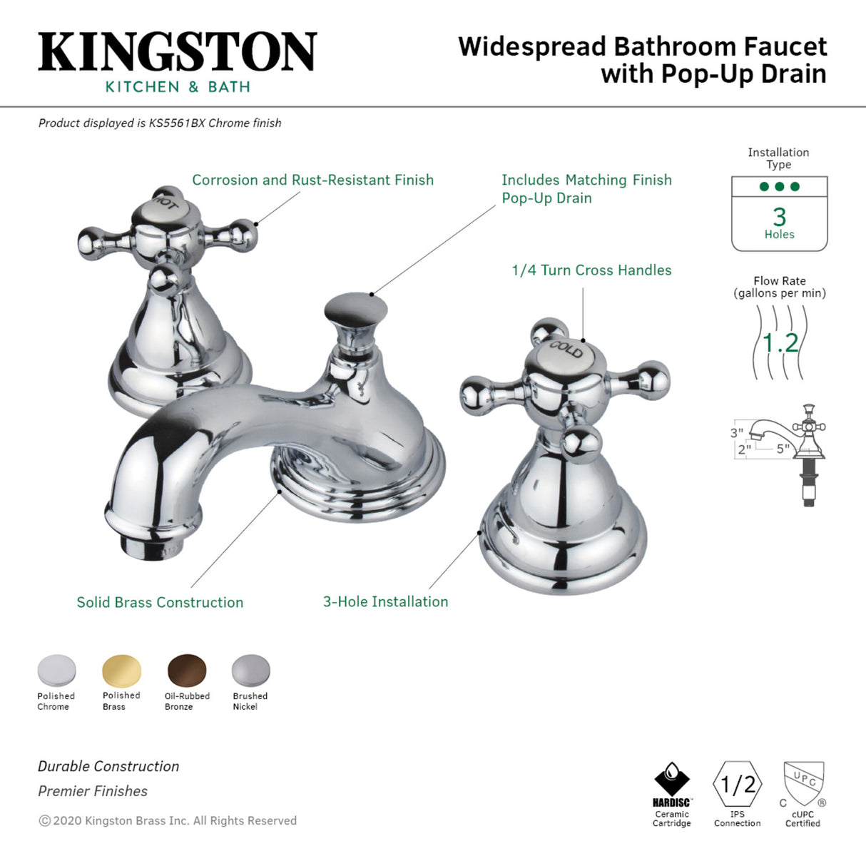 Kingston Brass KS5562BX 8 in. Widespread Bathroom Faucet, Polished Brass