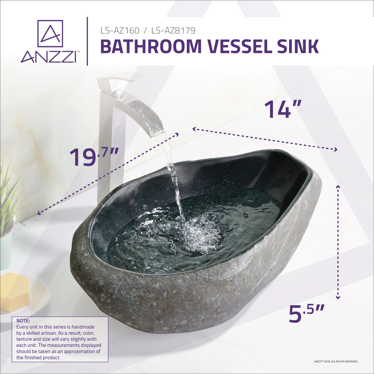 ANZZI LS-AZ160 Unkindled Basin Vessel Sink in Dark River Stone