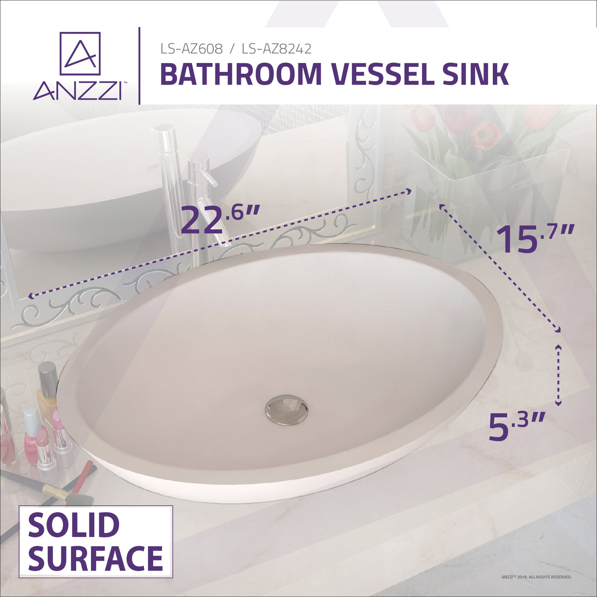 ANZZI LS-AZ8242-R 1-Piece Solid Surface Vessel Sink with Pop Up Drain in Matte White