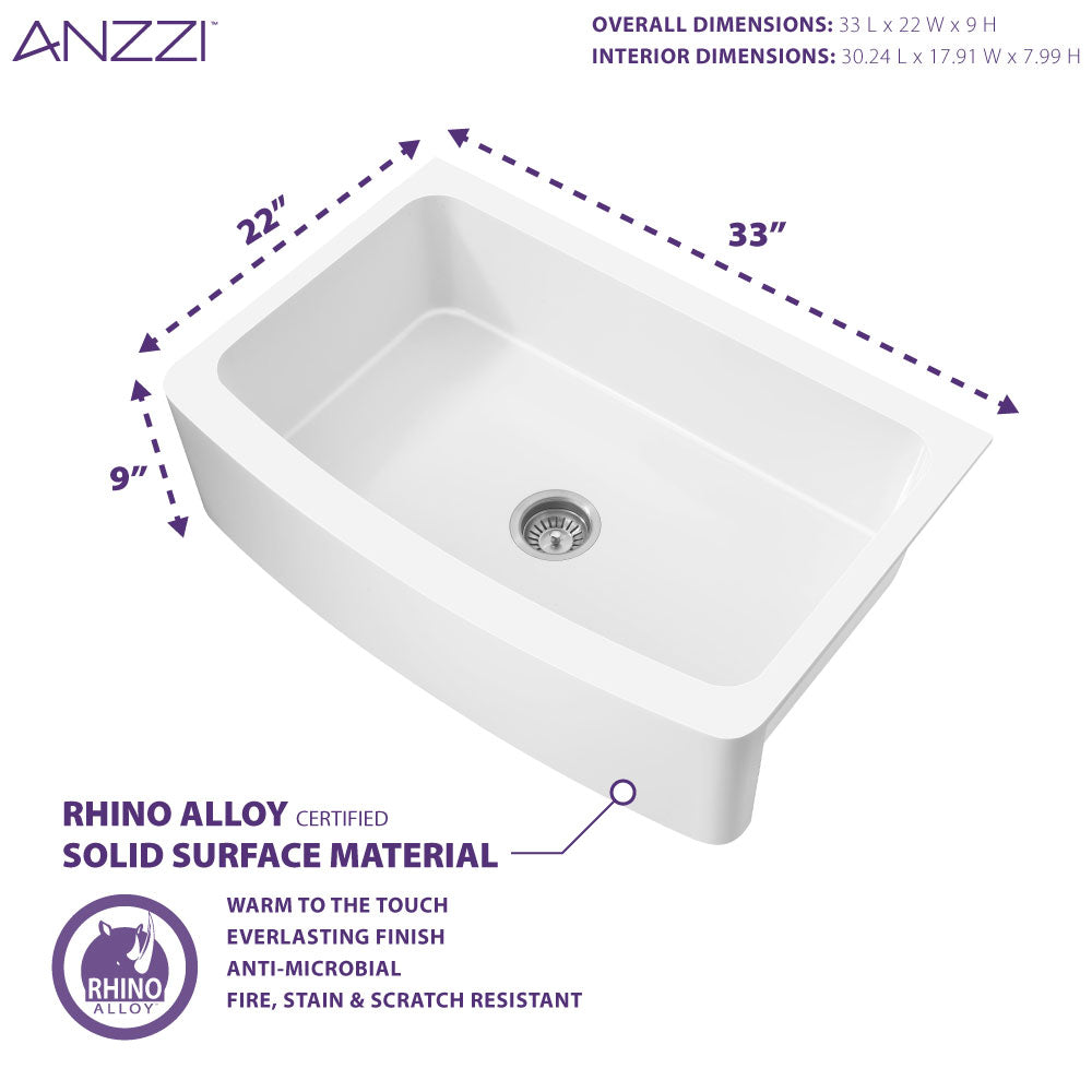 ANZZI K-AZ272-A1 Mesa Series Farmhouse Solid Surface 33 in. 0-Hole Single Bowl Kitchen Sink with 1 Strainer in Matte White