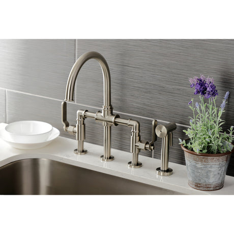 Kingston Brass KS2338KL Whitaker Industrial Style Bridge Kitchen Faucet with Brass Sprayer, Brushed Nickel