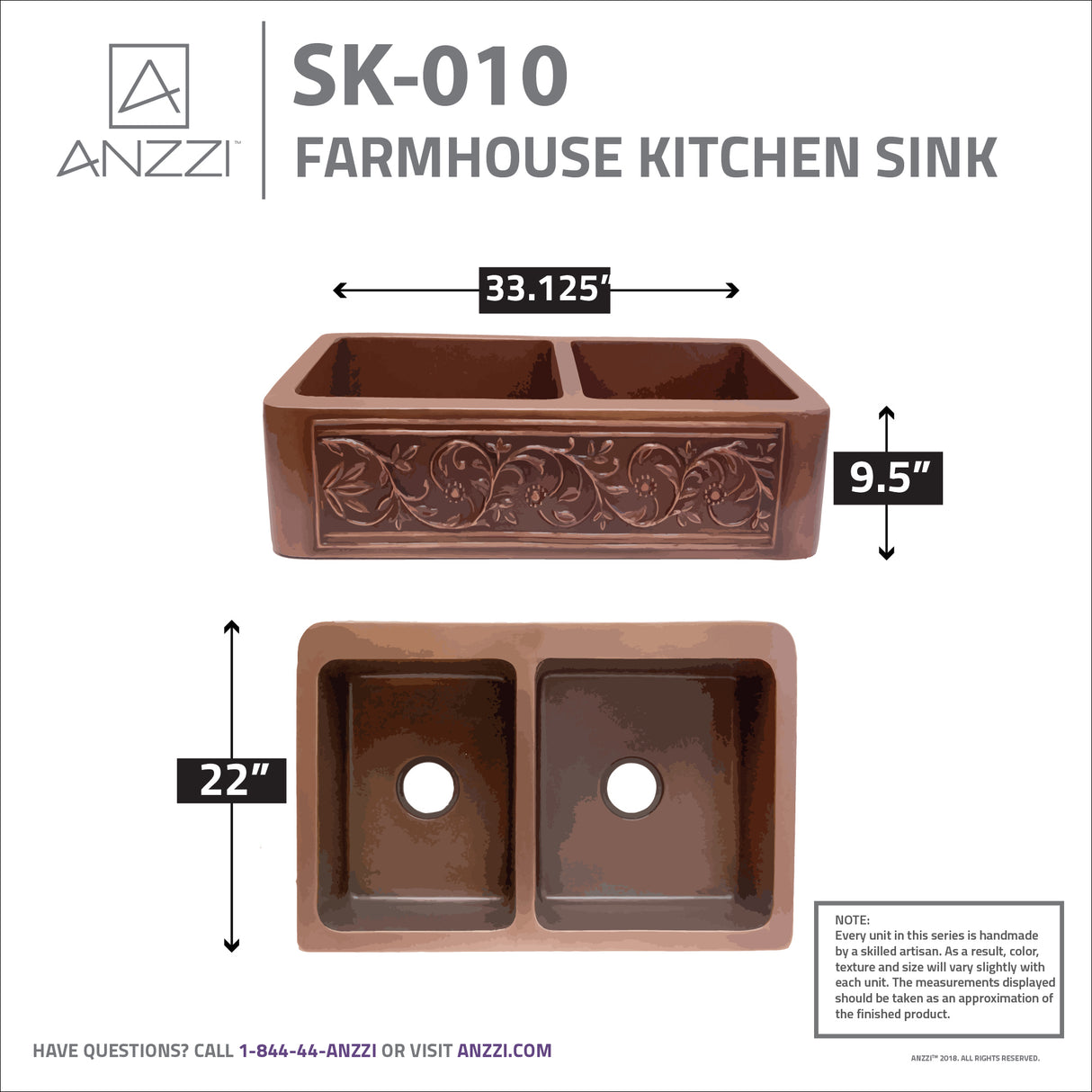 ANZZI SK-010 Moesia Farmhouse Handmade Copper 33 in. 60/40 Double Bowl Kitchen Sink with Floral Design in Polished Antique Copper