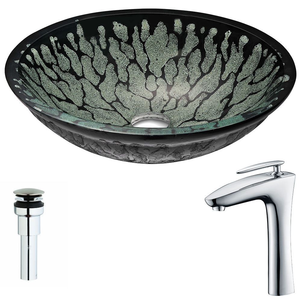 ANZZI LSAZ043-022 Bravo Series Deco-Glass Vessel Sink in Lustrous Black with Crown Faucet in Chrome