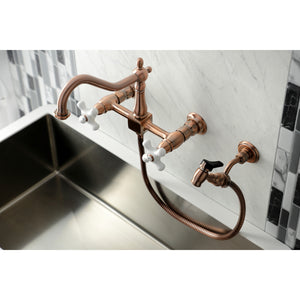 Kingston Brass KS124PXBSAC Heritage Wall Mount Bridge Kitchen Faucet with Brass Spray, Antique Copper