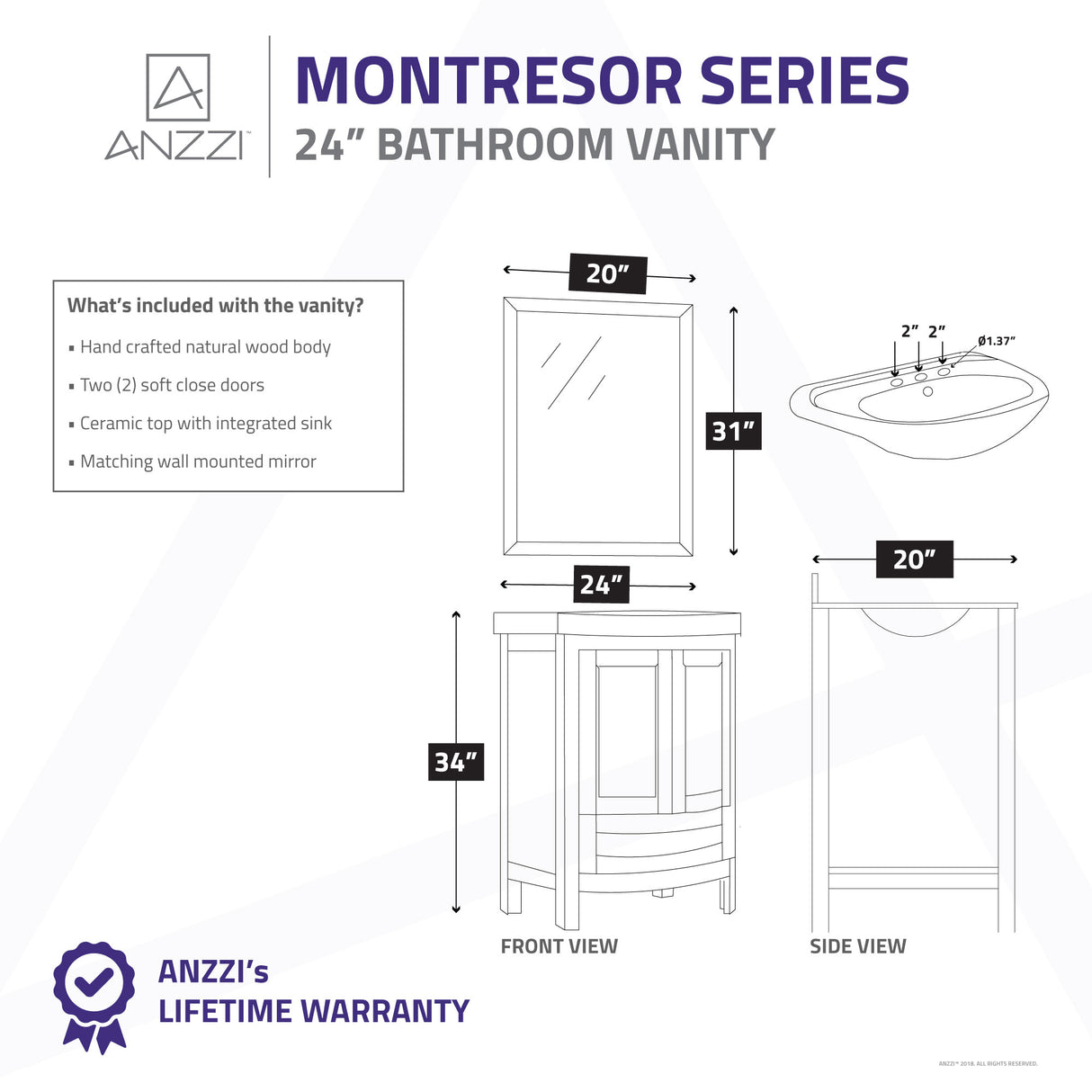 ANZZI VT-MRCT2024-WH Montresor 24 in. W x 34 in. H Bathroom Vanity Set in Rich White