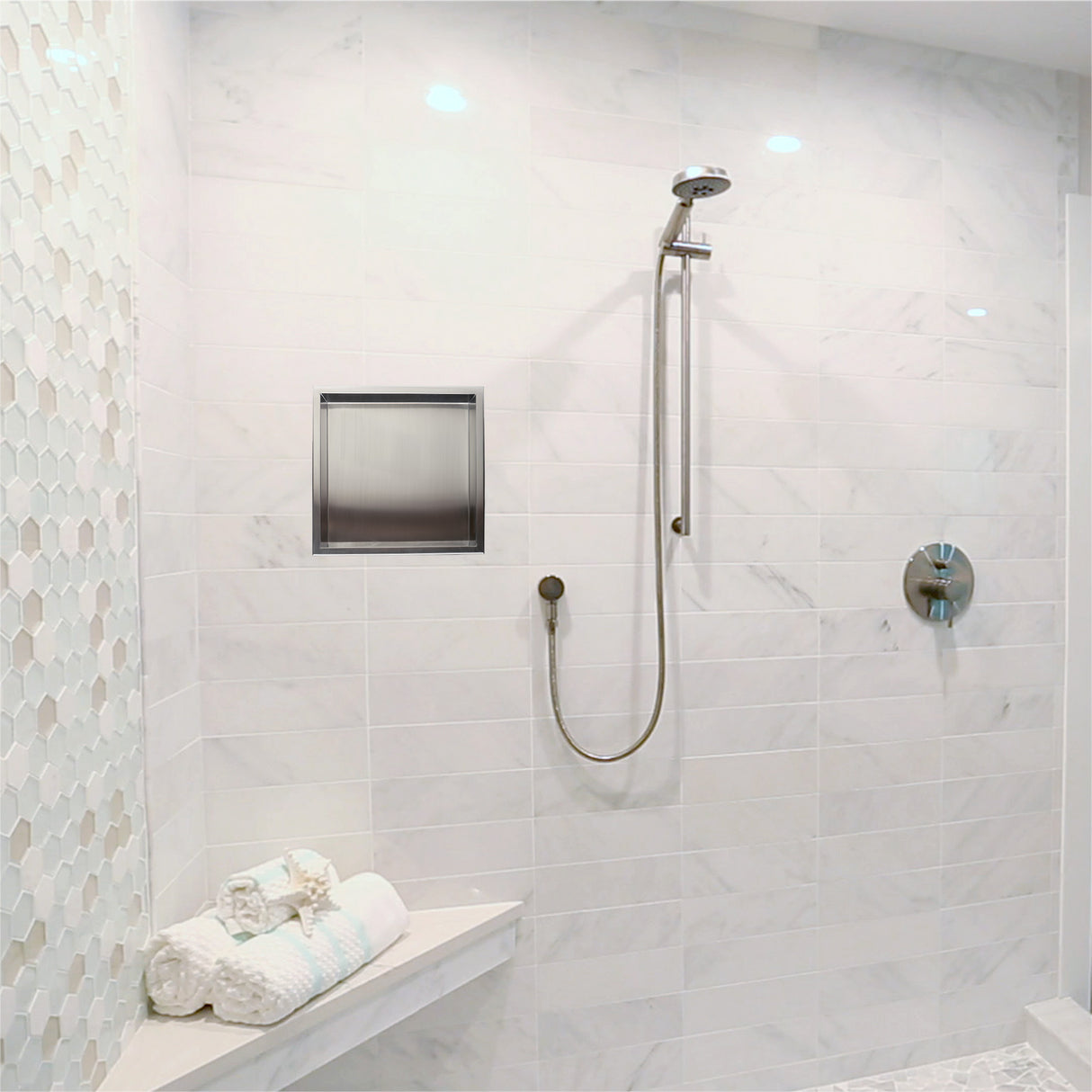 ALFI brand 16 x 16 Brushed Stainless Steel Square Single Shelf Bath Shower Niche