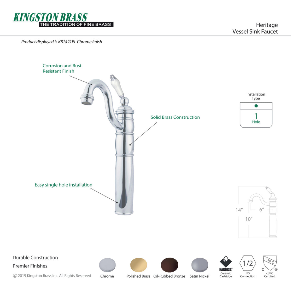 Kingston Brass KB1421PL Vessel Sink Faucet, Polished Chrome